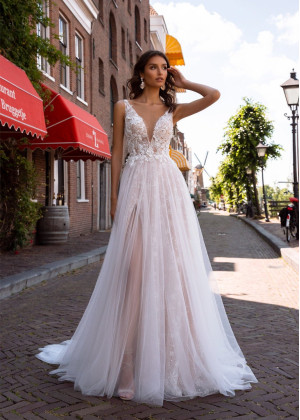 V Neck Beaded Ivory Lace Tulle Slit Wedding Dress